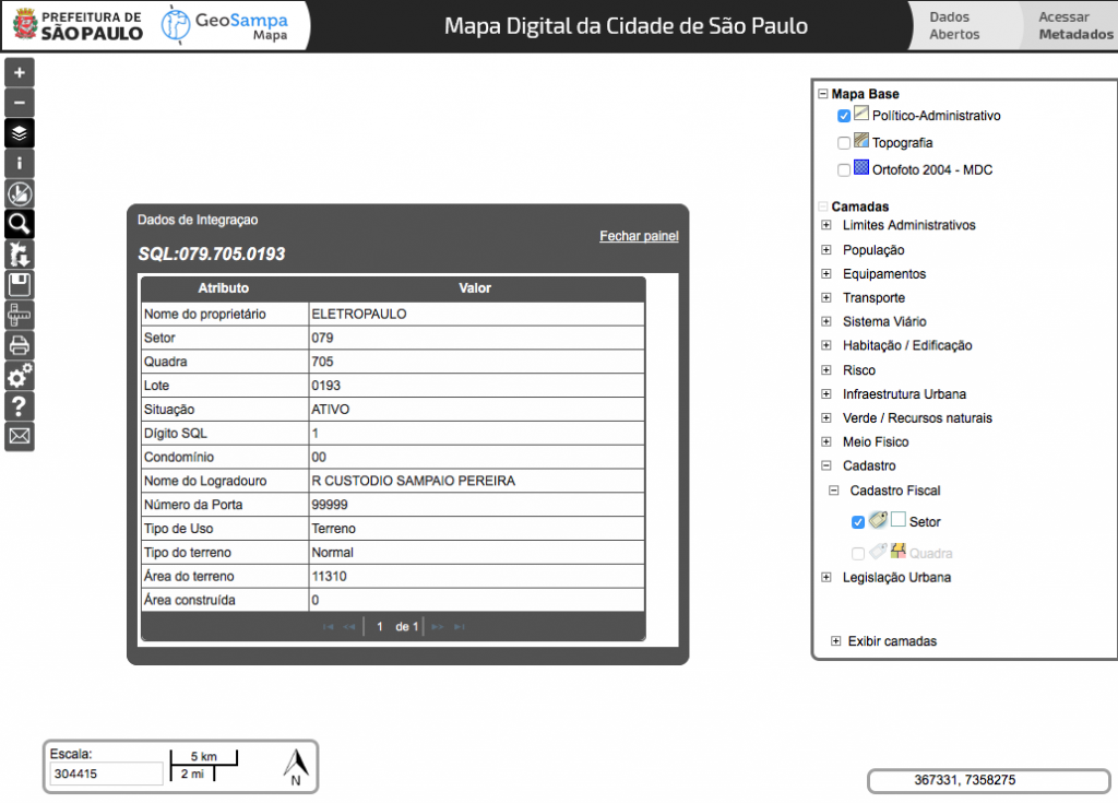 Exemplo de busca de IPTU no Geosampa