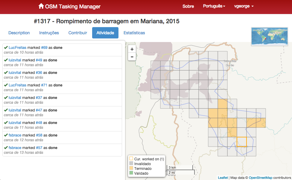Captura da plataforma de tarefas Humanitarian OpenStreetMap para mapeamento em Mariana