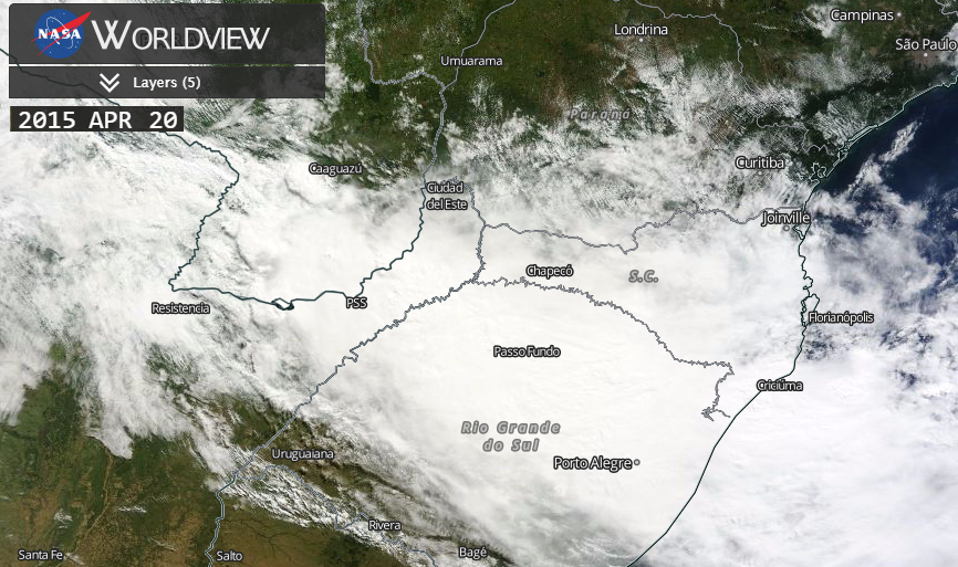 Captura do NASA Worldview: MODIS Terra e Aqua, 20 de abril de 2015, sul do Brasil